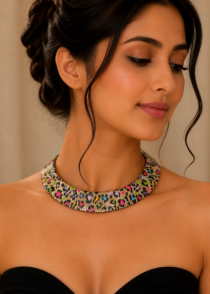Rainbow Mosaic Enamel Necklace Set worn by model