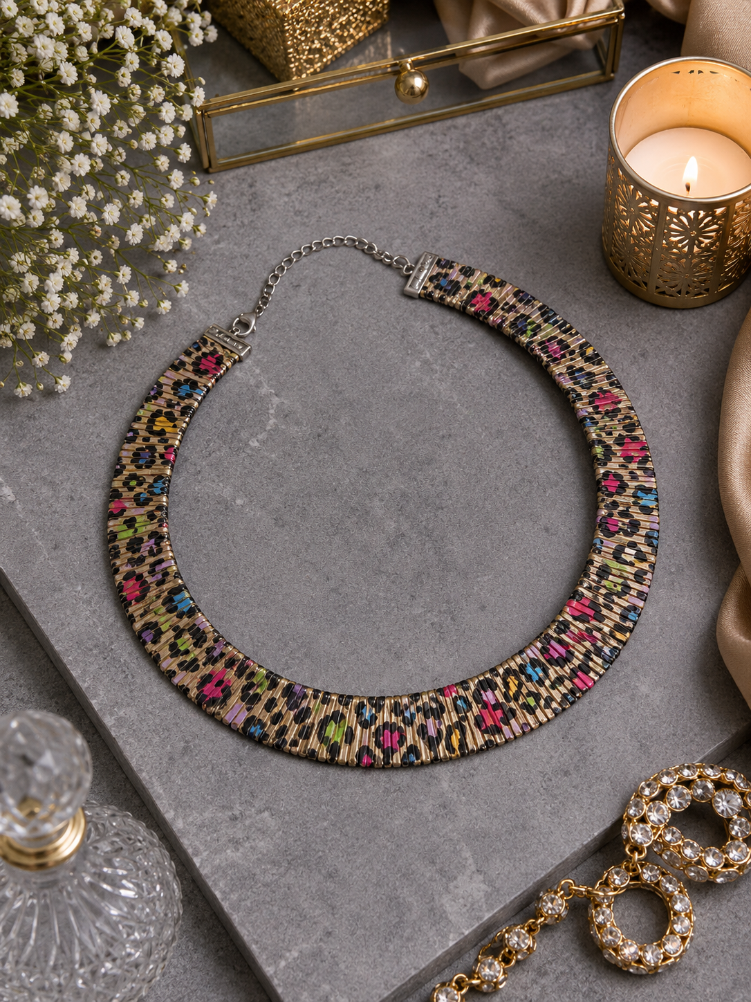 Rainbow Mosaic Enamel Necklace Set shown in a flat lay with matching earrings