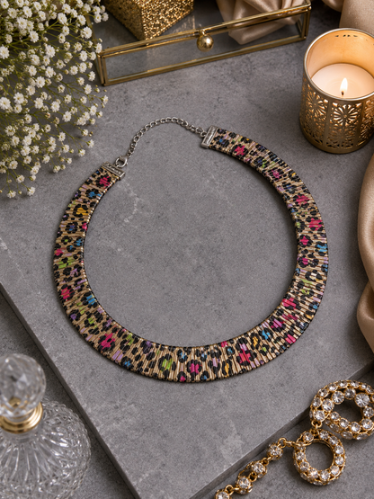 Rainbow Mosaic Enamel Necklace Set shown in a flat lay with matching earrings