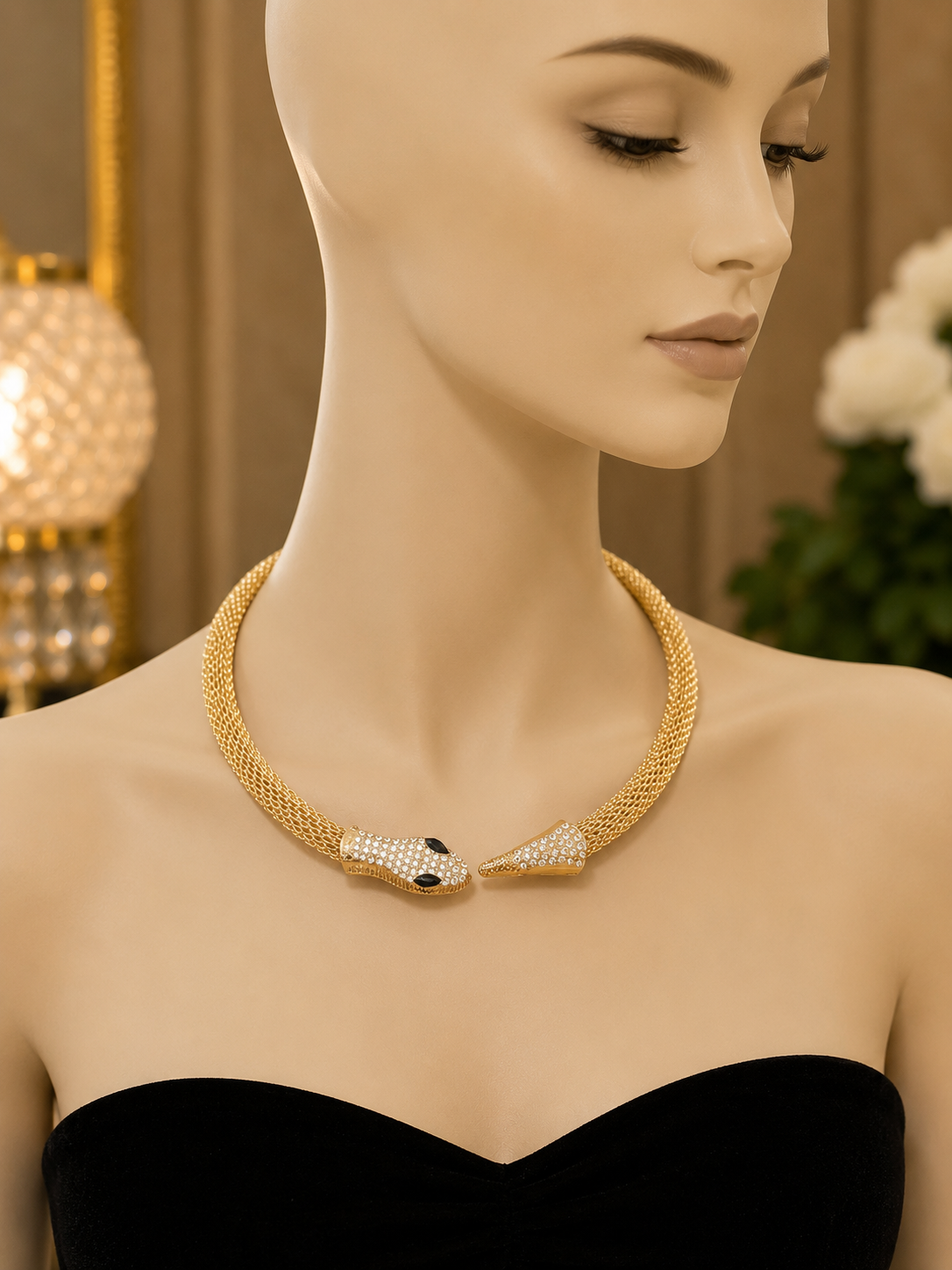Midnight Serpent Mesh Necklace displayed on a mannequin
