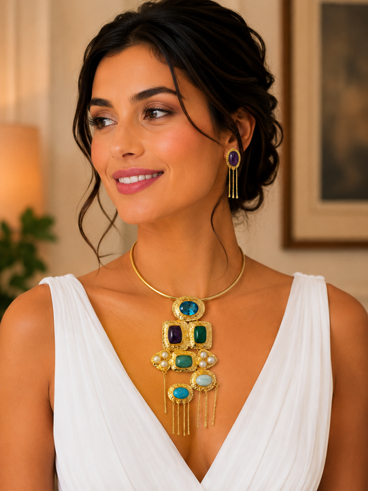 Celestial Mosaic Gemstone Necklace Set shown in an alternate model view
