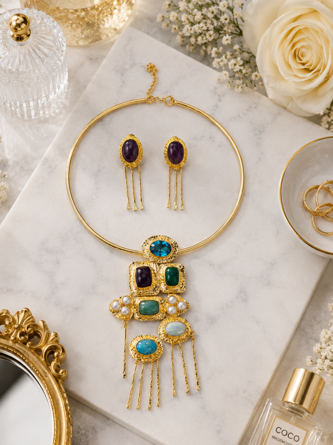 Celestial Mosaic Gemstone Necklace Set displayed in a flat lay with matching earrings