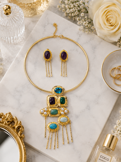 Celestial Mosaic Gemstone Necklace Set displayed in a flat lay with matching earrings