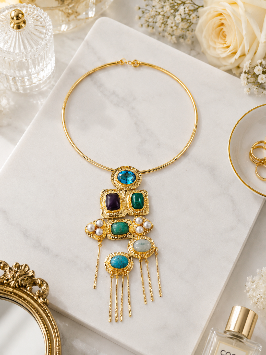 Celestial Mosaic Gemstone Necklace Set shown in a necklace flat lay