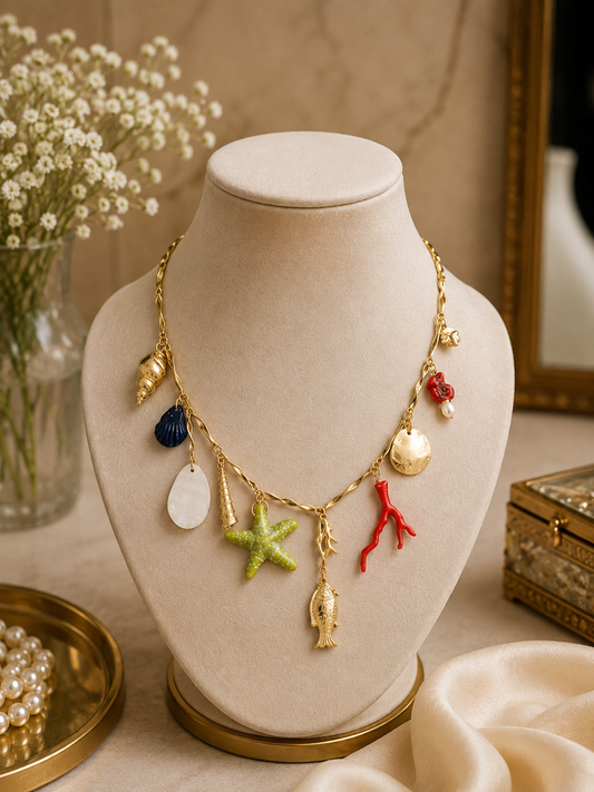 Coastal Treasure Charm Necklace displayed on a jewellery bust
