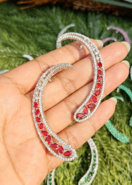 Celeste Red Stone Ear Cuff featuring red crystal stones in a silver-tone ear climber design