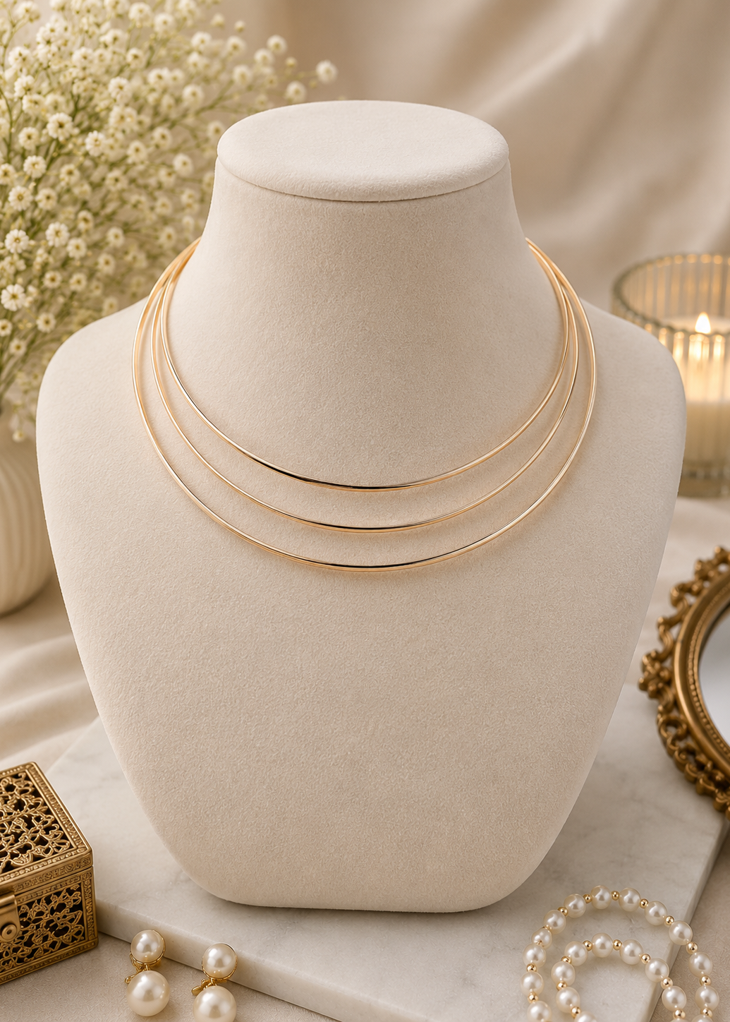 Aurora Gold Layered Hasli with sleek triple-layer polished gold finish displayed on a jewelry bust.