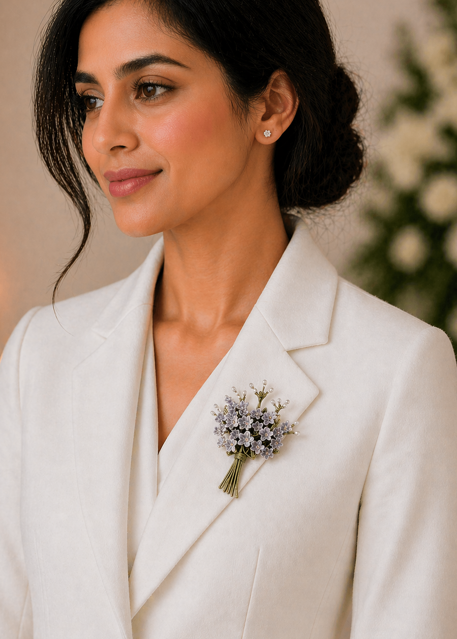 Bloom Elegance Purple Floral Brooch styled on a white blazer