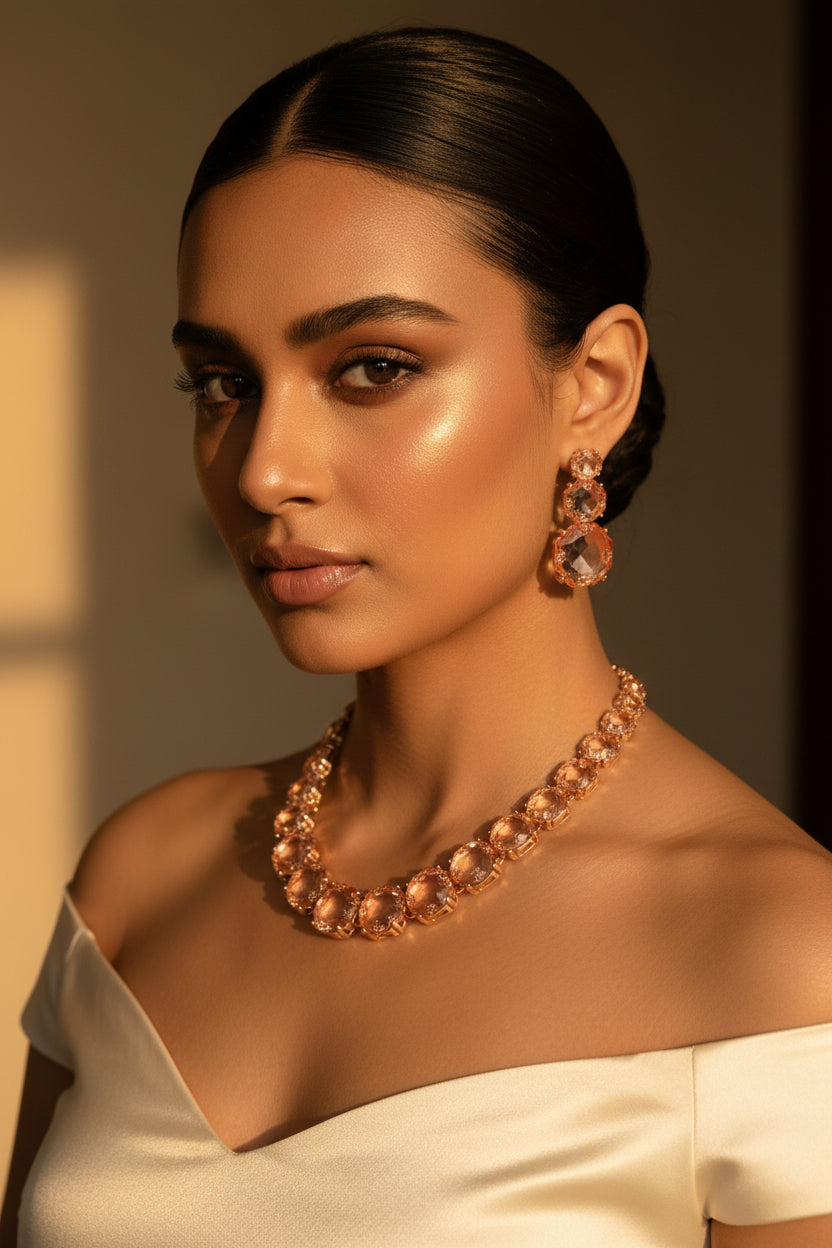 Close-up of Blush Crystal Statement Necklace Set featuring faceted pink crystals