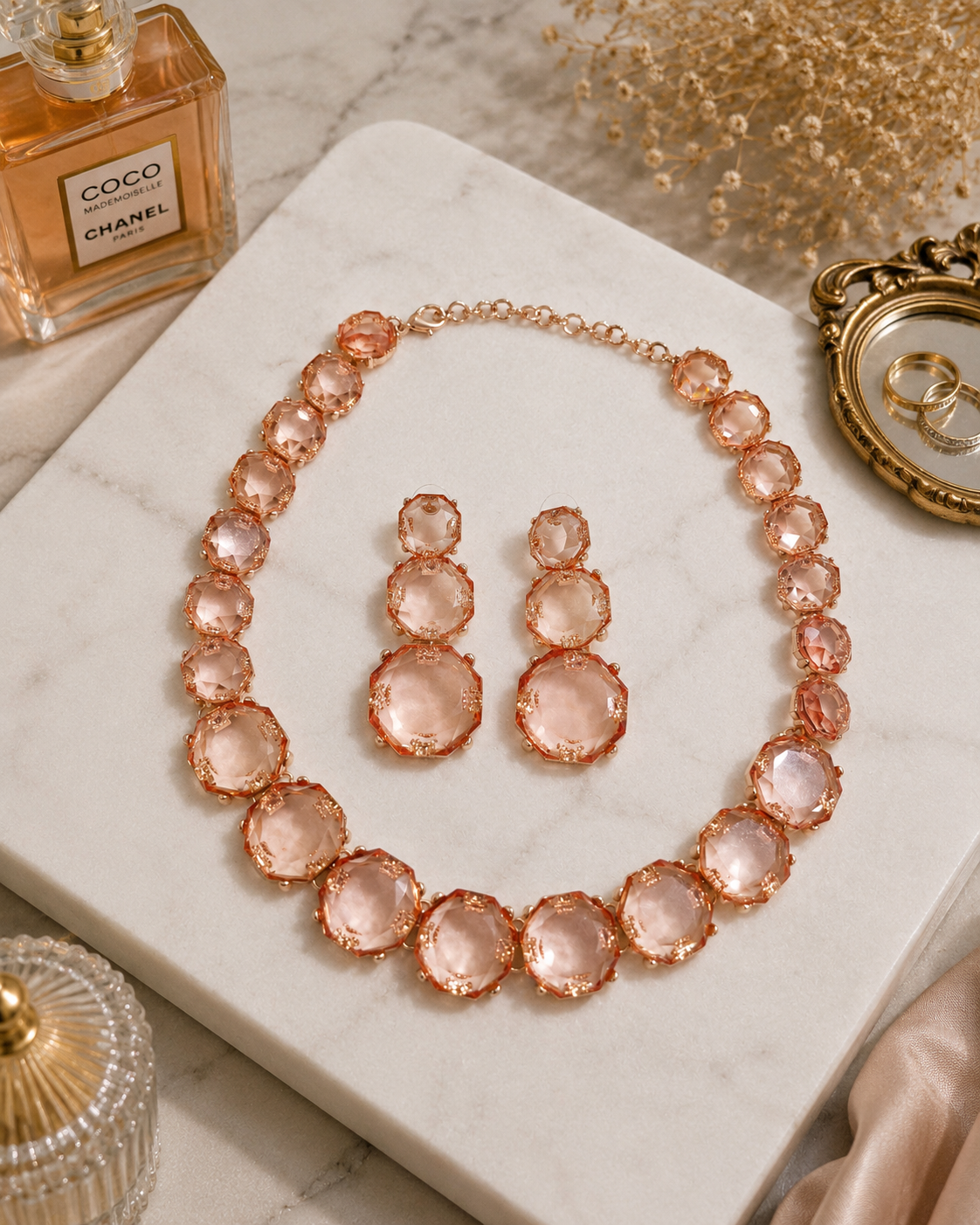 Blush Crystal Statement Necklace Set with matching faceted crystal earrings in rose gold finish