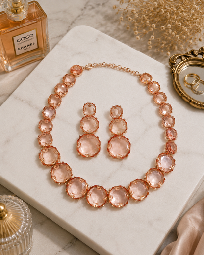 Blush Crystal Statement Necklace Set with matching faceted crystal earrings in rose gold finish