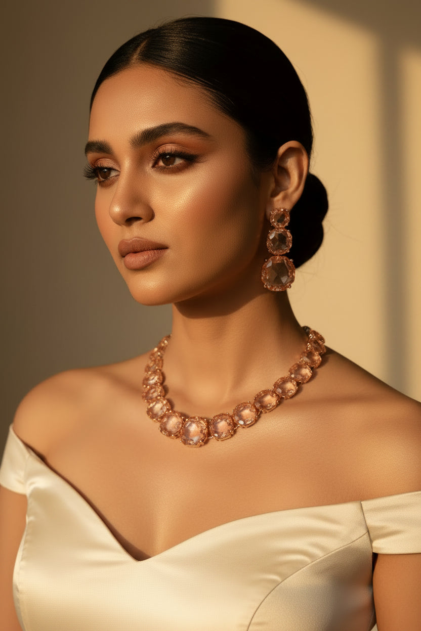 Woman wearing Blush Crystal Statement Necklace Set in rose gold setting