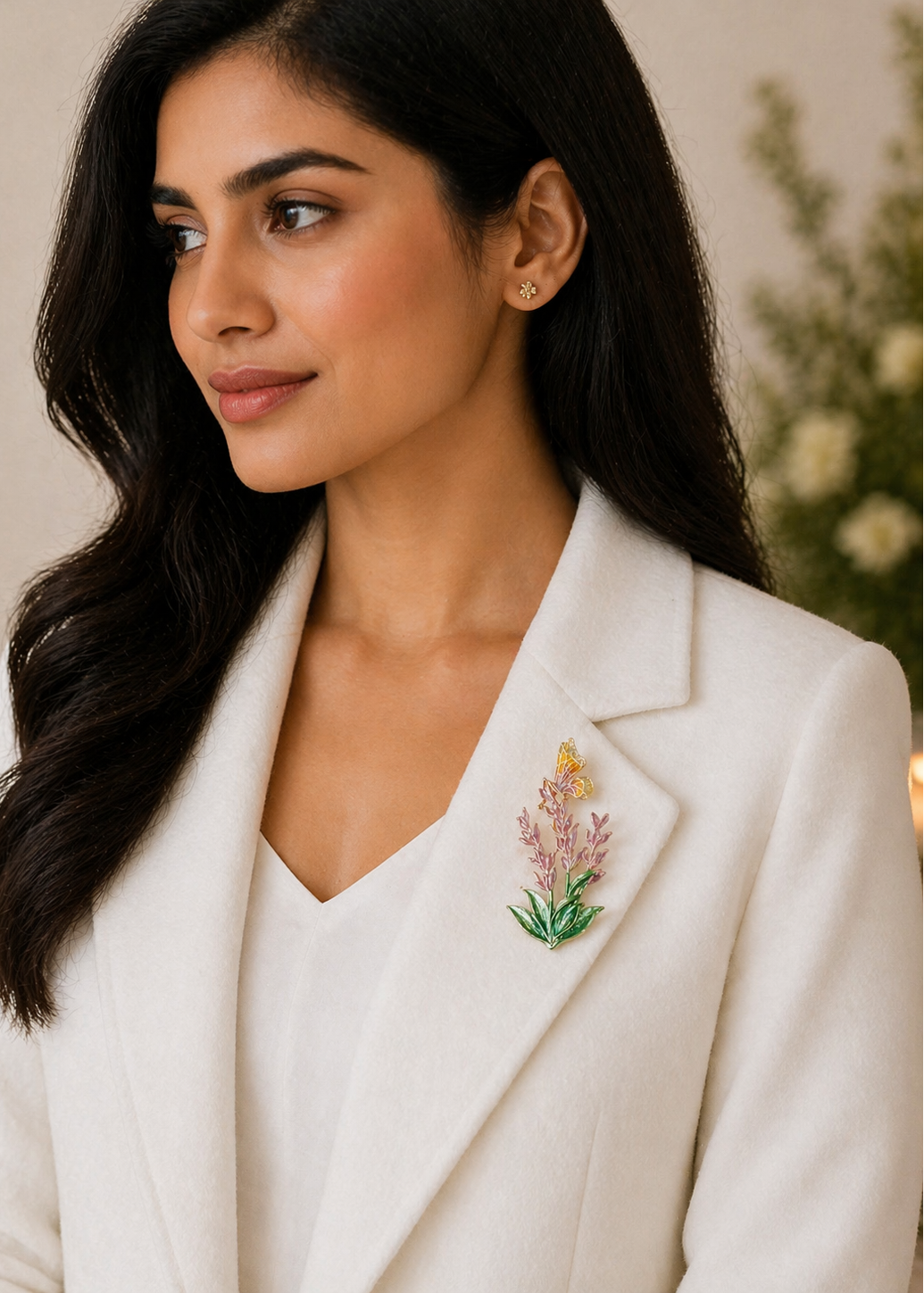Woman wearing Butterfly Bloom Pink Floral Brooch on blazer