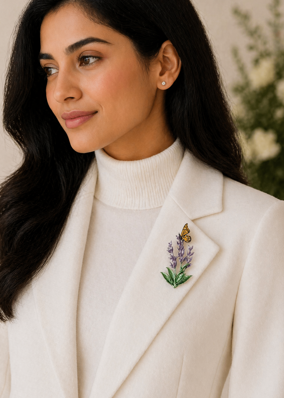 Woman wearing Butterfly Bloom Purple Floral Brooch on blazer