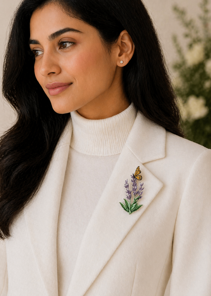 Woman wearing Butterfly Bloom Purple Floral Brooch on blazer
