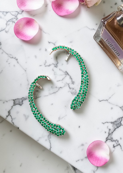 Celeste Green Crystal Ear Cuff featuring green crystal stones set in a silver-tone statement ear cuff