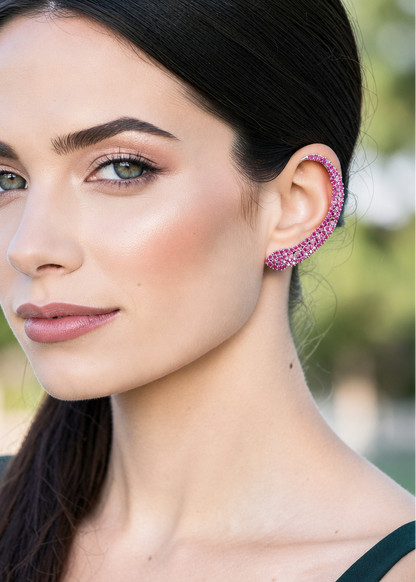 Close-up of Celeste Pink Crystal Ear Cuff worn on ear showcasing sparkling pink crystal detailing