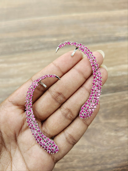 Celeste Pink Crystal Ear Cuff with shimmering pink crystals and curved silver-tone ear climber design