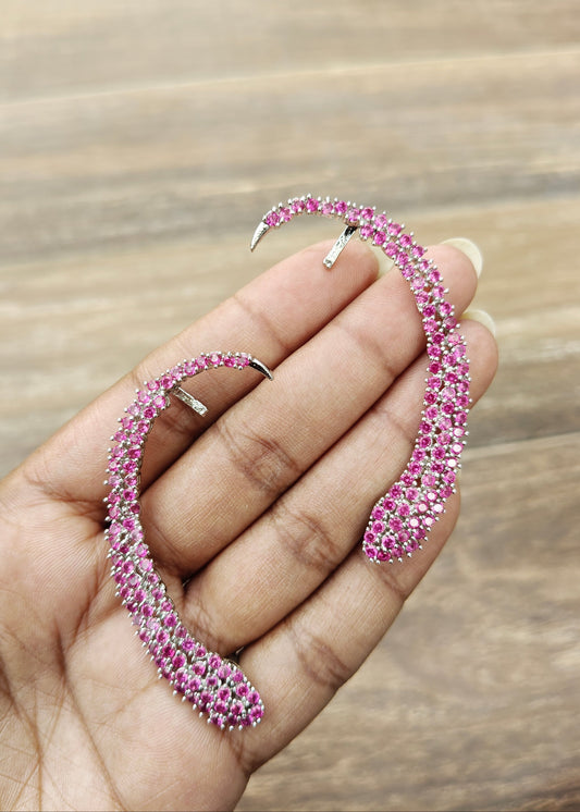 Celeste Pink Crystal Ear Cuff with shimmering pink crystals and curved silver-tone ear climber design