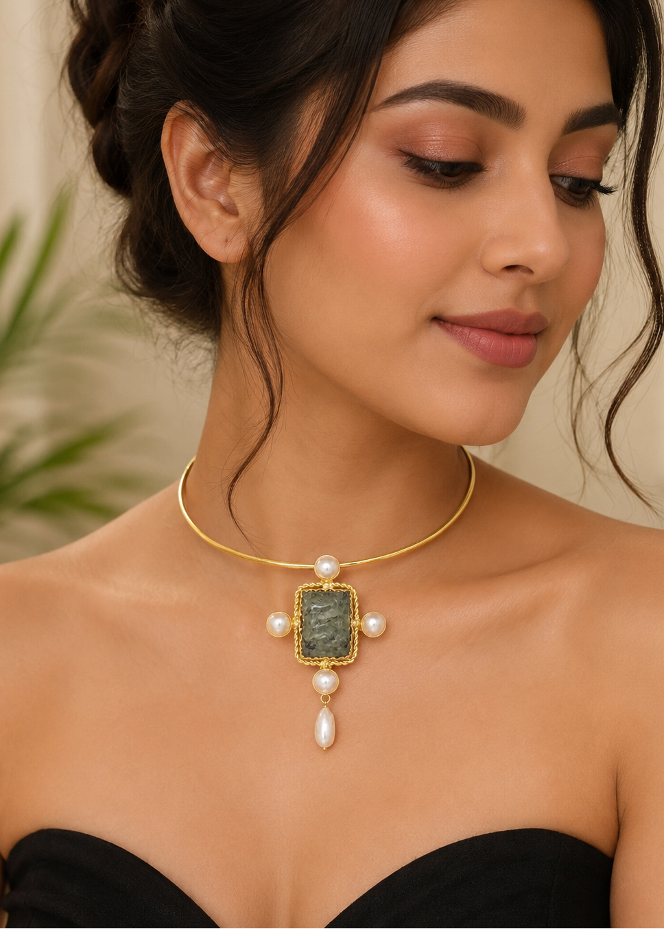 Model wearing Celeste Stone Hasli featuring a natural semi-precious green stone with pearl accents and gold finish.