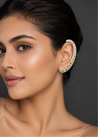 Model wearing Celeste Yellow Stone Ear Cuff with silver-tone setting and yellow crystal stones
