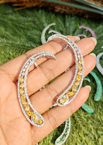 Celeste Yellow Stone Ear Cuff featuring yellow crystal stones in a silver-tone ear climber design