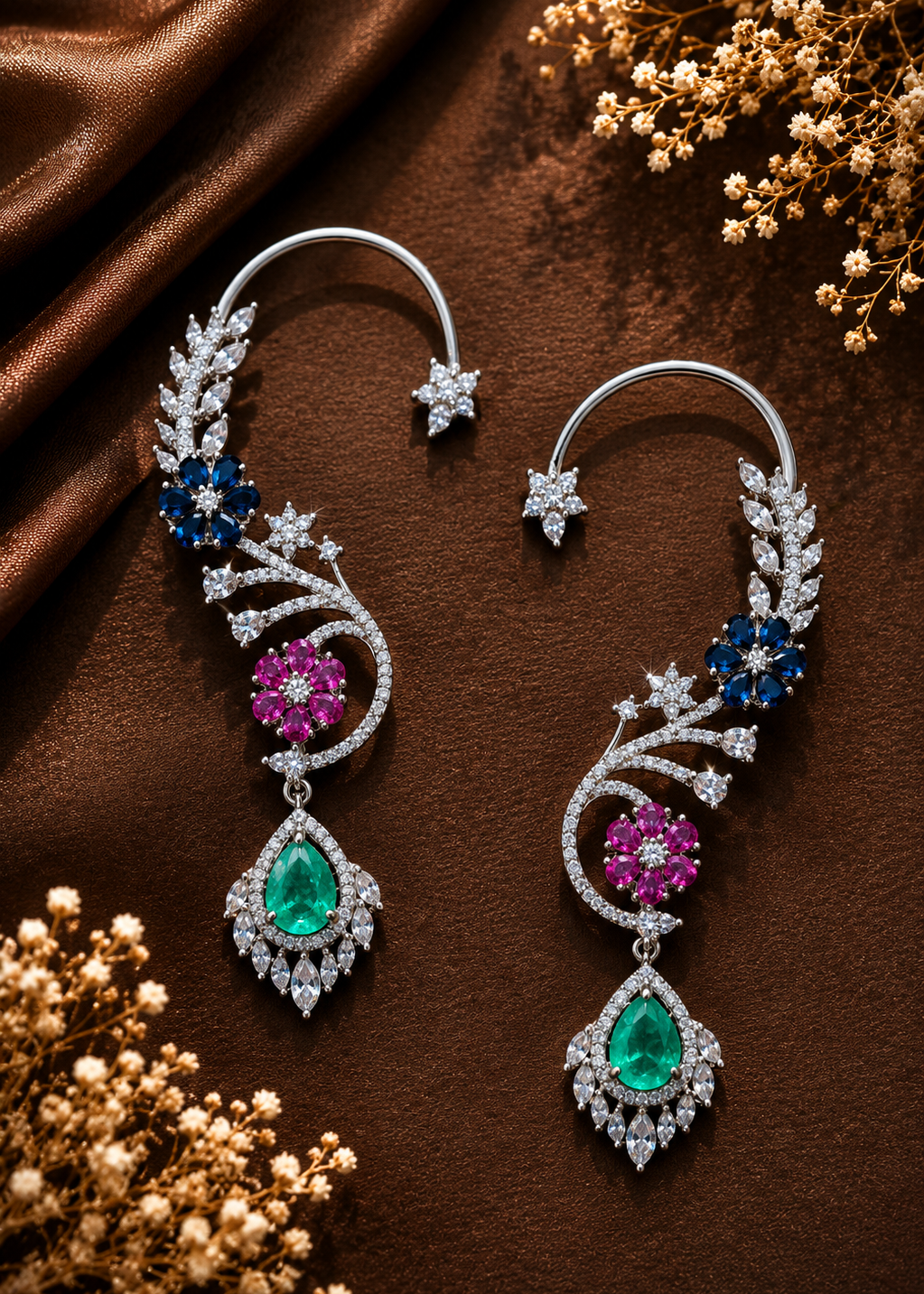 Celestia CZ Floral Ear Cuff Set featuring blue, green and pink floral stones with cubic zirconia on a luxury flat lay background.