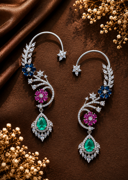 Celestia CZ Floral Ear Cuff Set featuring blue, green and pink floral stones with cubic zirconia on a luxury flat lay background.