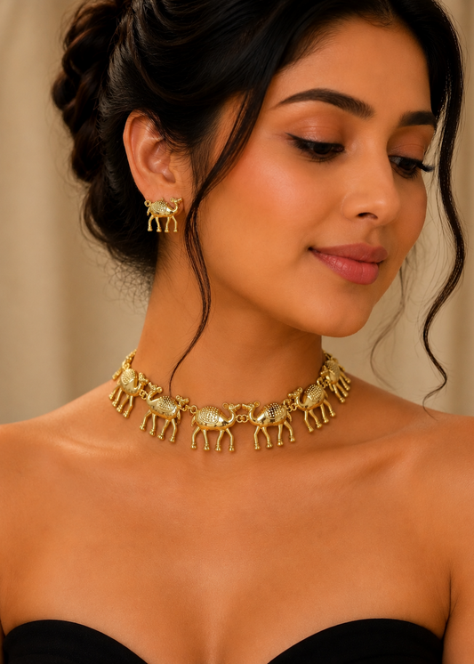Desert Camel Necklace Set displayed on jewelry bust with matching camel stud earrings.