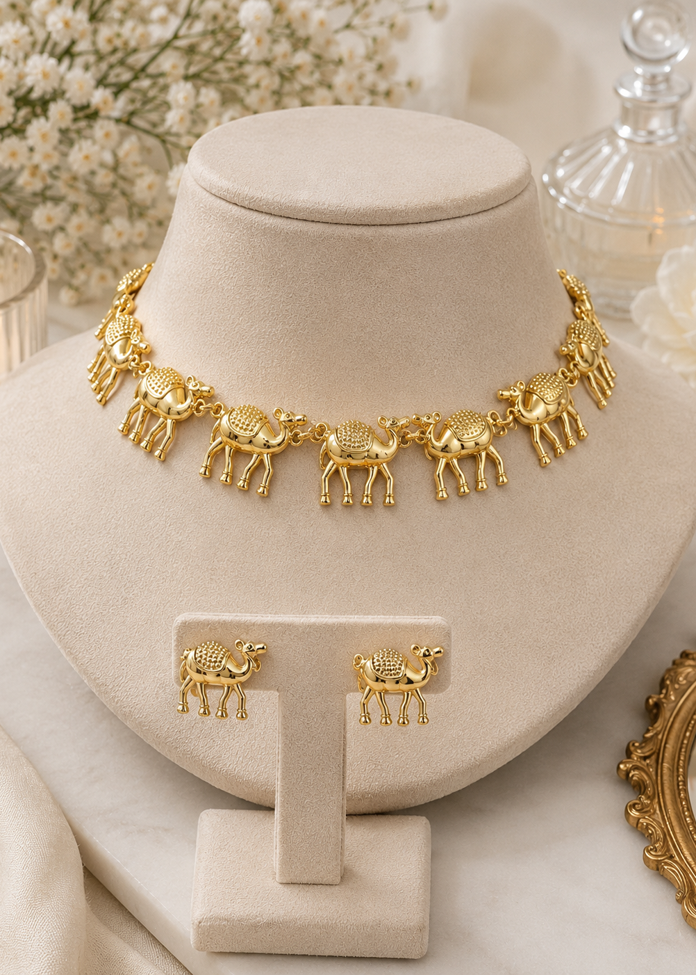 Model wearing Desert Camel Necklace Set with matching camel stud earrings for festive and statement styling.
