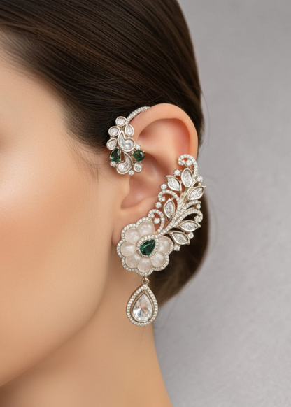 Emerald Bloom Ear Cuff Set featuring green crystal floral ear cuff with cascading drop earring in dual-tone finish.