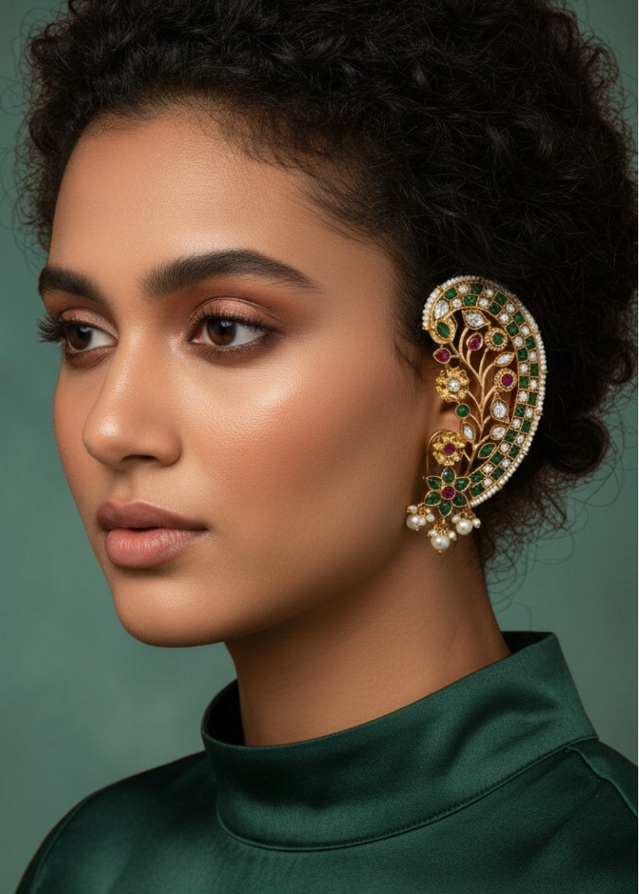 Emerald Bloom Ear Cuff Set worn by a model featuring emerald-toned zircon stones and intricate floral detailing.