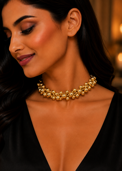 Model wearing Gold Bead Statement Necklace styled as a bold gold-tone choker with polished bead detailing