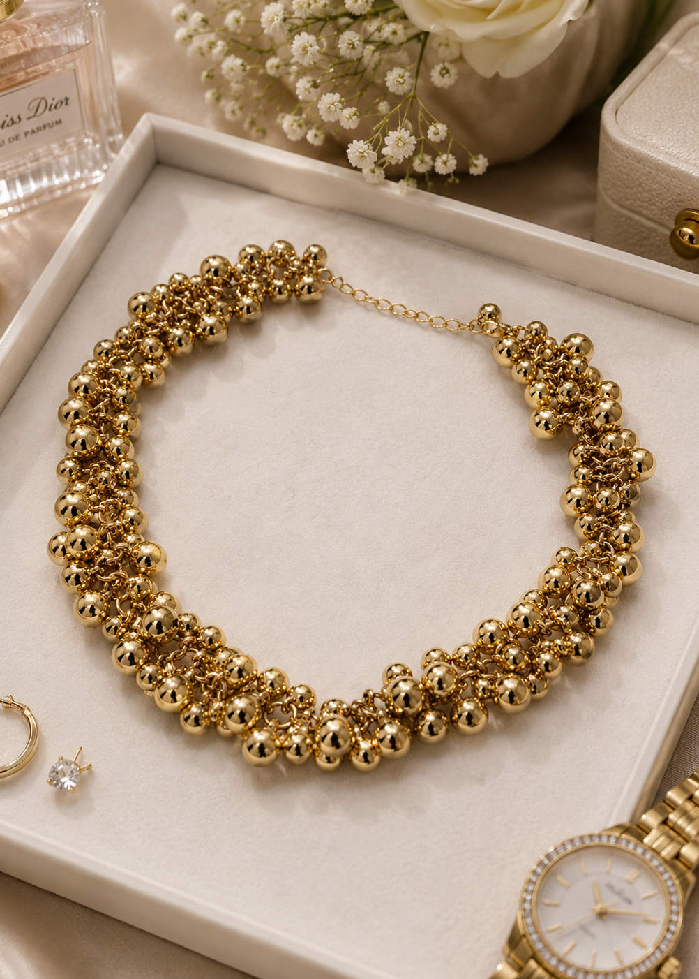 Gold Bead Statement Necklace flat lay showcasing clustered gold-tone bead design and adjustable statement neckpiece
