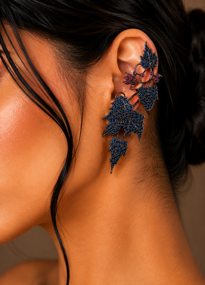 Close-up of Ivy Bloom Purple Ear Cuffs showcasing intricate purple crystal ivy leaf detailing