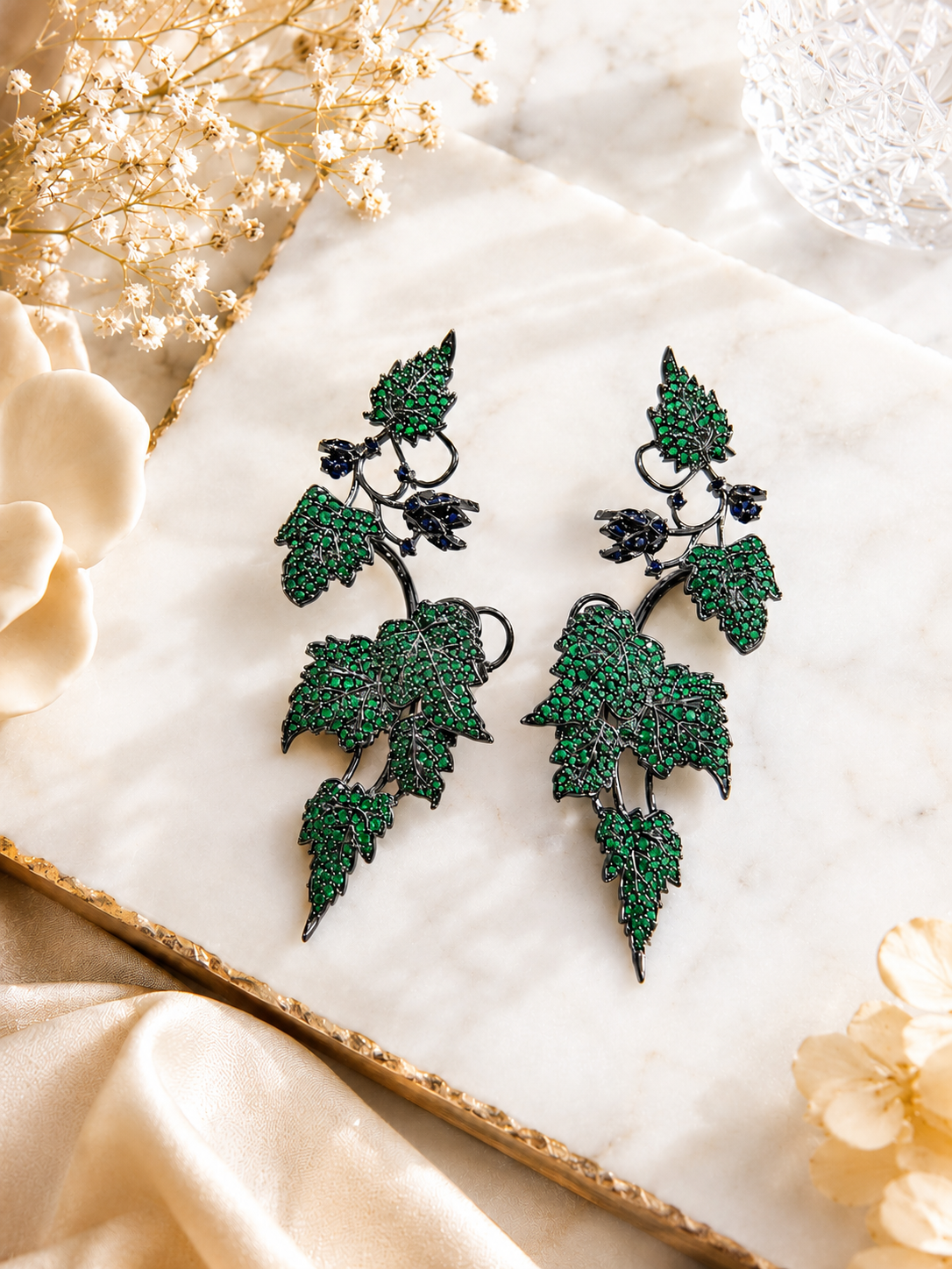 Ivy Bloom Green Ear Cuffs highlighting intricate green stone ear climber craftsmanship