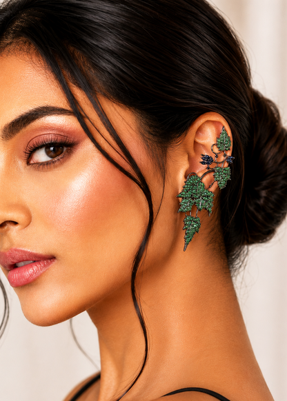 Side profile showcasing Ivy Bloom Green Ear Cuffs with floral-inspired green stones and climbing silhouette