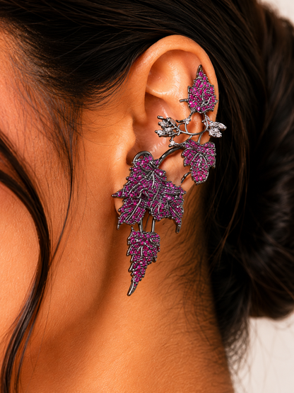 Close-up model wearing Ivy Bloom Pink Ear Cuffs featuring elegant pink stone detailing and statement styling