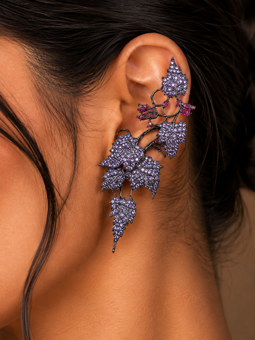 Close-up of Ivy Bloom Purple Ear Cuffs showcasing intricate purple crystal ivy leaf detailing