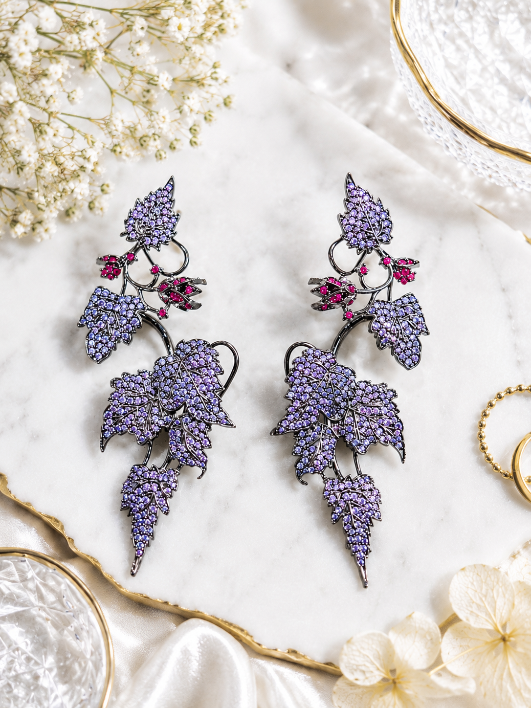 Ivy Bloom Purple Ear Cuffs featuring sparkling purple stones and pink crystal accents in an ivy leaf inspired statement ear climber design