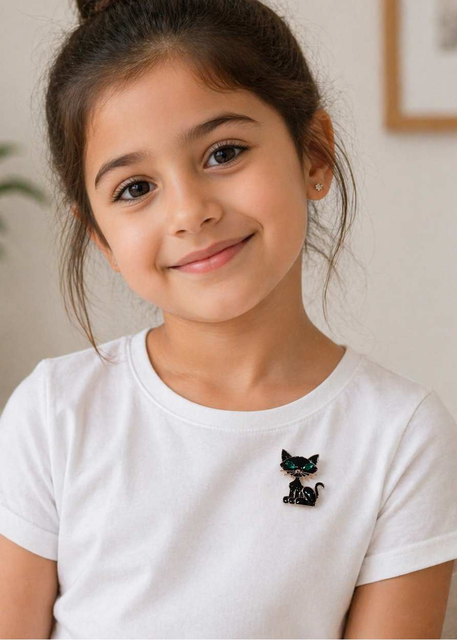 Girl wearing Kitty Charm Black Cat Brooch on a casual grey t-shirt