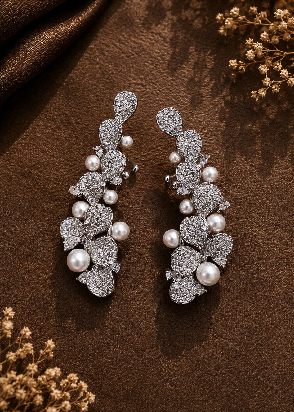 Lunaria Pearl Ear Cuff Set featuring sparkling cubic zirconia crystals and elegant pearl accents in a silver finish.