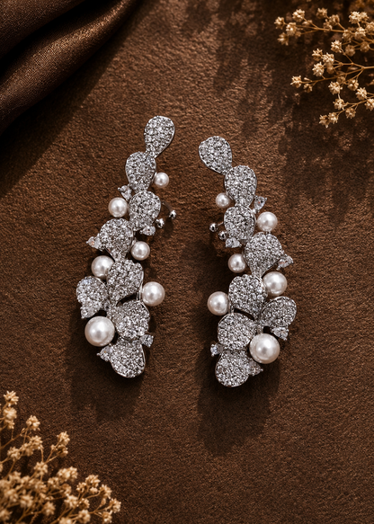 Lunaria Pearl Ear Cuff Set featuring sparkling cubic zirconia crystals and elegant pearl accents in a silver finish.