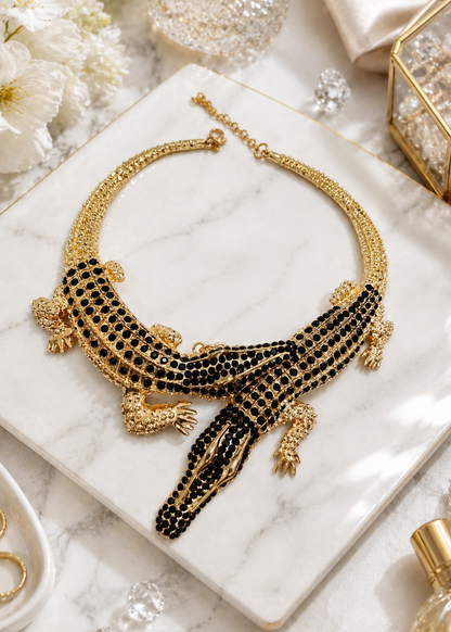 Regal Black Crocodile Statement Necklace with gold finish and sparkling black crystal detailing displayed on marble.