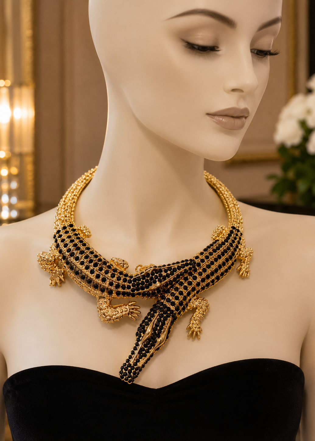Regal Black Crocodile Statement Necklace displayed on mannequin showcasing black crystal crocodile design.
