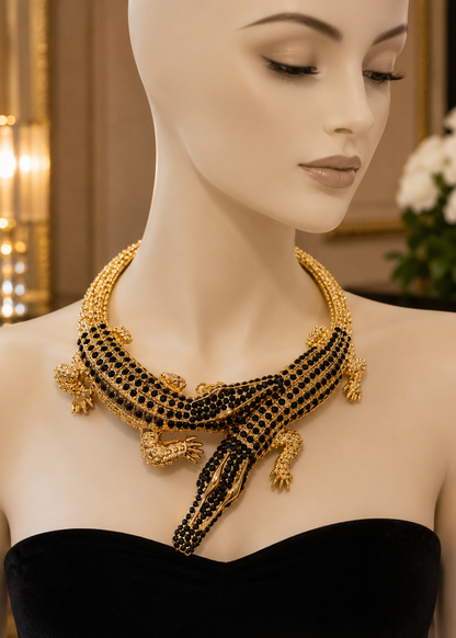 Regal Black Crocodile Statement Necklace displayed on mannequin showcasing black crystal crocodile design.