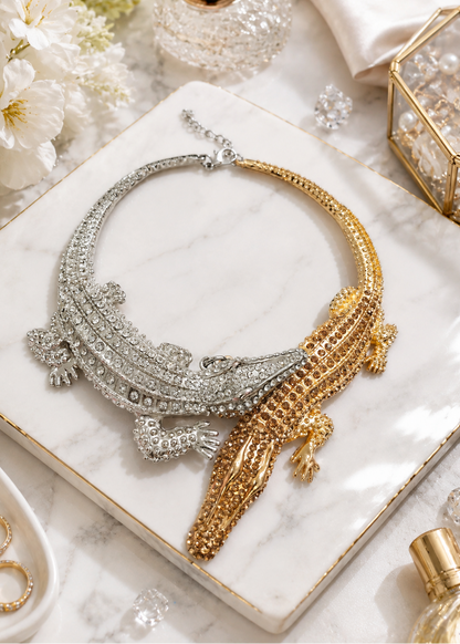 Flat lay of Regal Crocodile Statement Necklace showcasing dual-tone gold and silver crystal crocodile design.