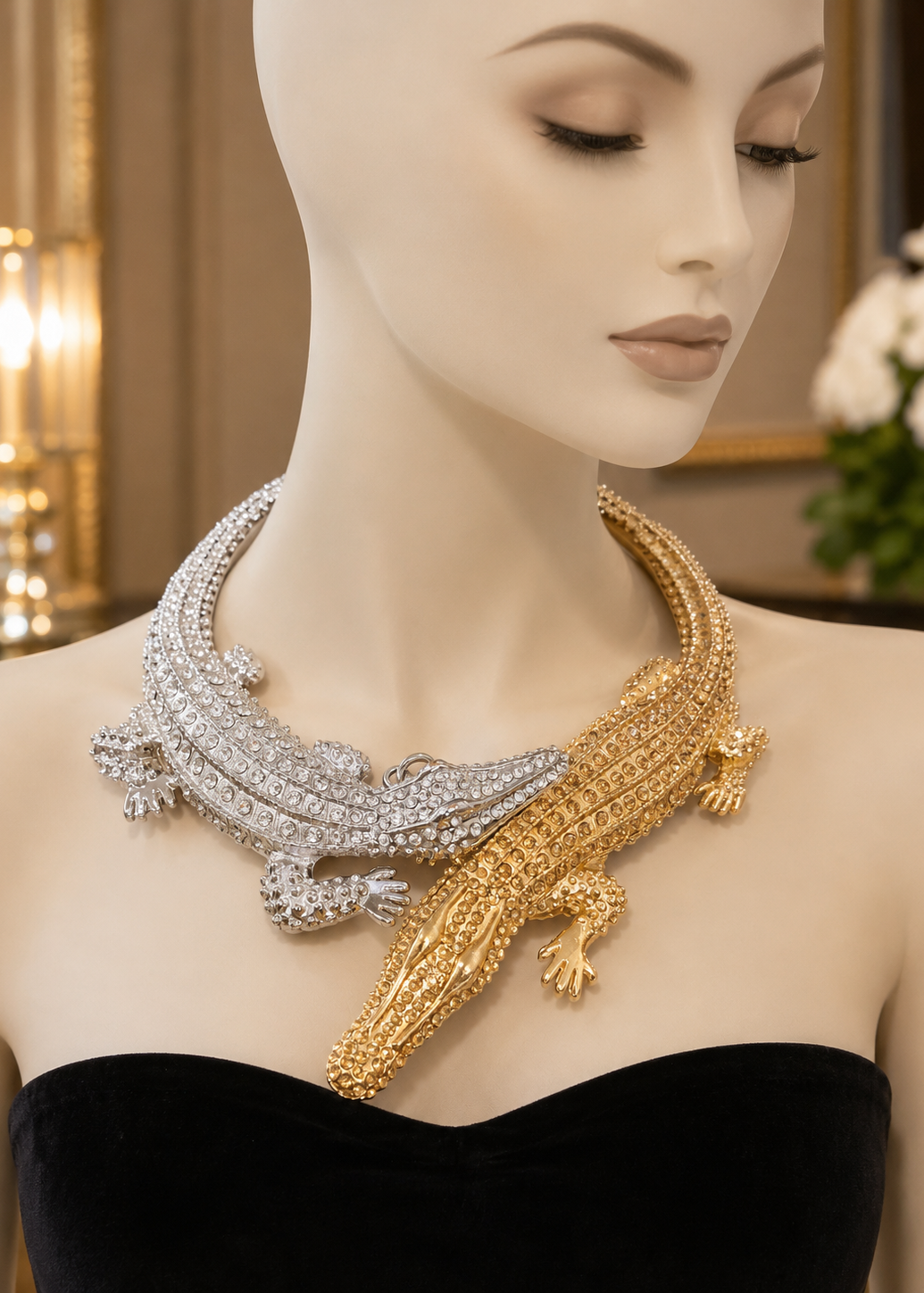 Regal Crocodile Statement Necklace displayed on mannequin featuring gold and silver crystal crocodile design.