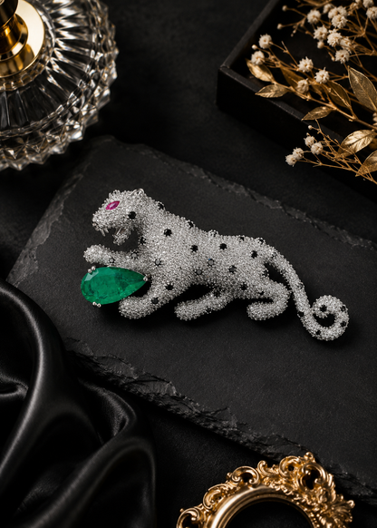 Regal Green Panther Brooch featuring crystal detailing, black stone accents, and a green gemstone centerpiece on a black slate display