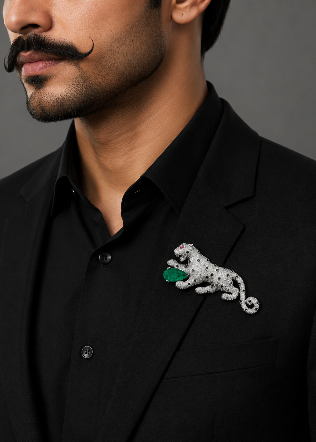 Model wearing Regal Green Panther Brooch on a black outfit showcasing the luxury panther design